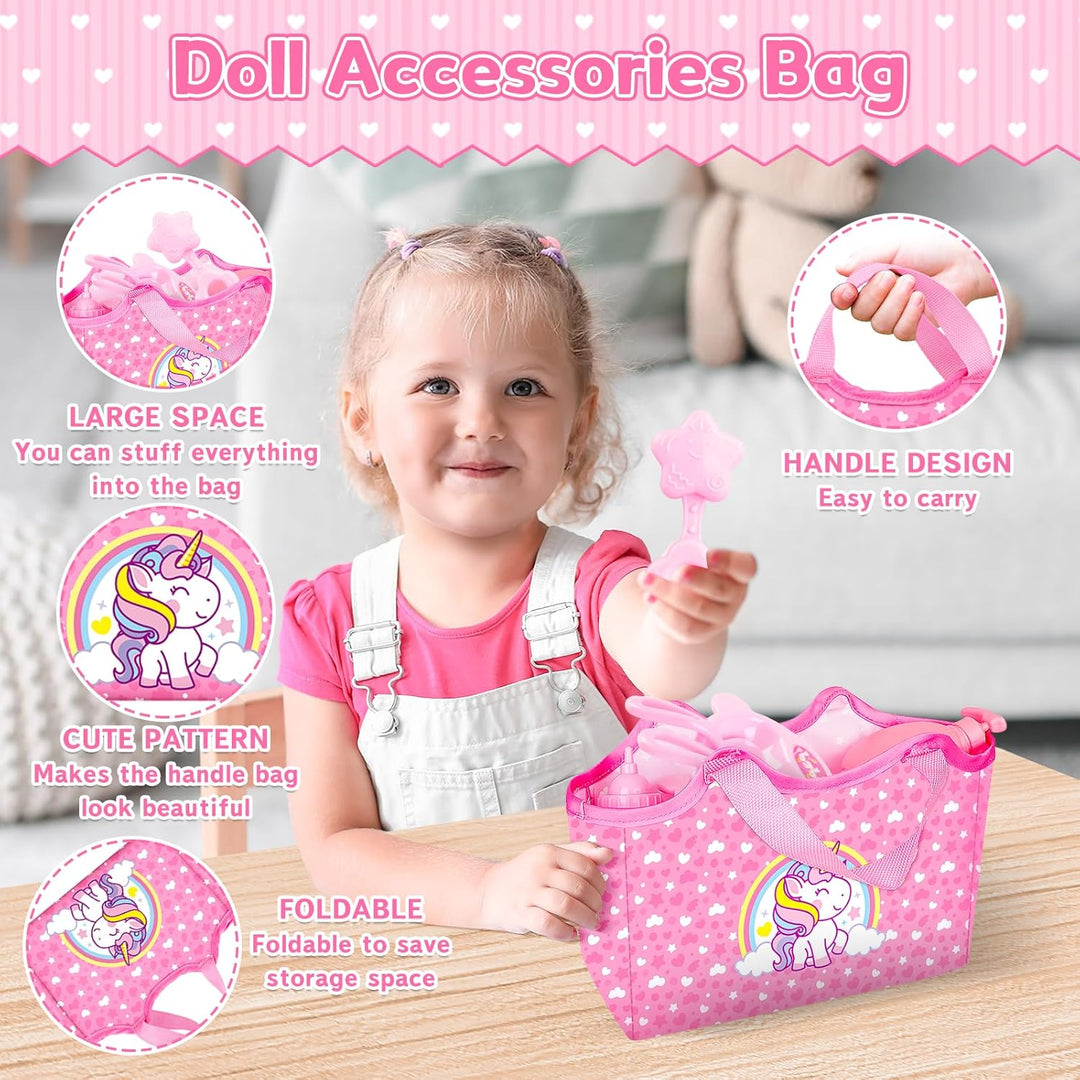 deAO 12”Baby Puppe, Spielpuppe mit Backbag, Handheld-Halterung, Tragbarer Schulranzen, Puppenkleidun