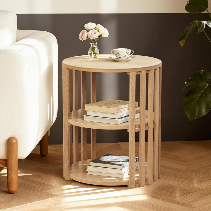 Hometopia Beistelltisch Rund Holz, 3-stufiger Runder Beistelltisch mit Stauraum, Kleiner Couchtisch
