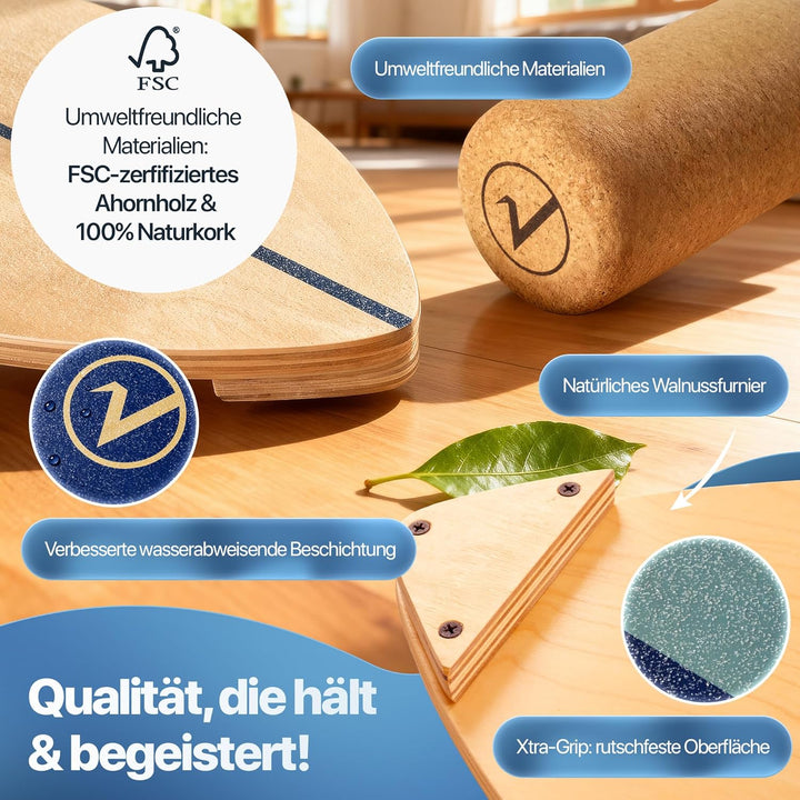 Balance Board aus Holz in Surfboard Form inkl. Rolle für Neuromuscular Response Training +Plus: Halt