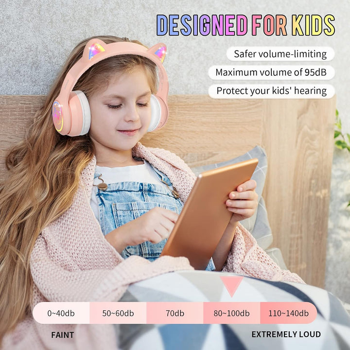 IFECCO Bluetooth Kopfhörer Kinder mit Mikrofon,Kinder Kabellos Kopfhörer mit Tasche,LED-Leuchten Kat