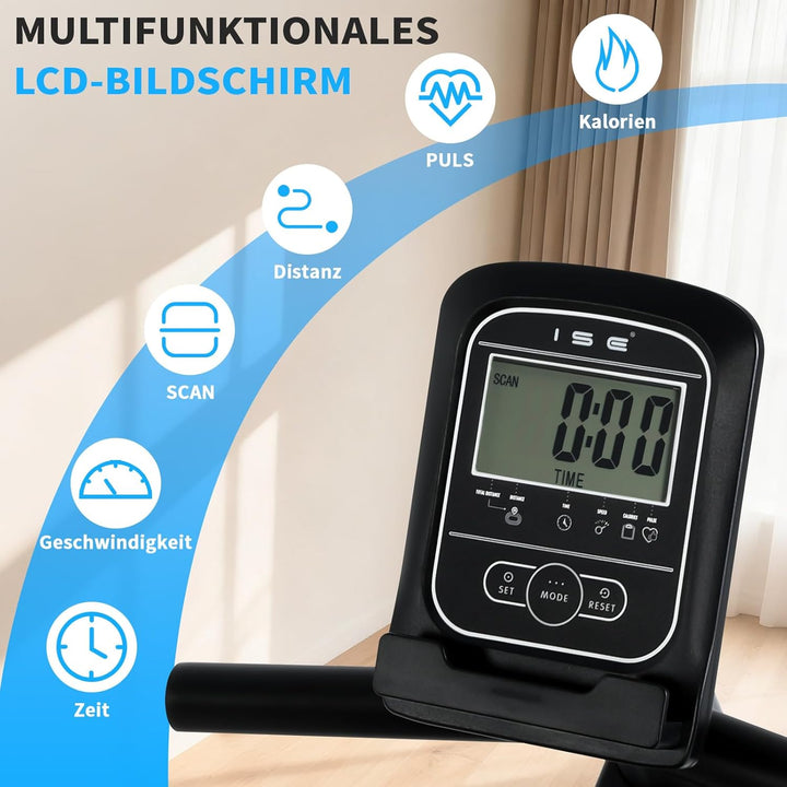 ISE Ergometer Liege- Heimtrainer mit Magnetbremse, Pulssensoren und LCD-Display, 8 Widerstandsstufen