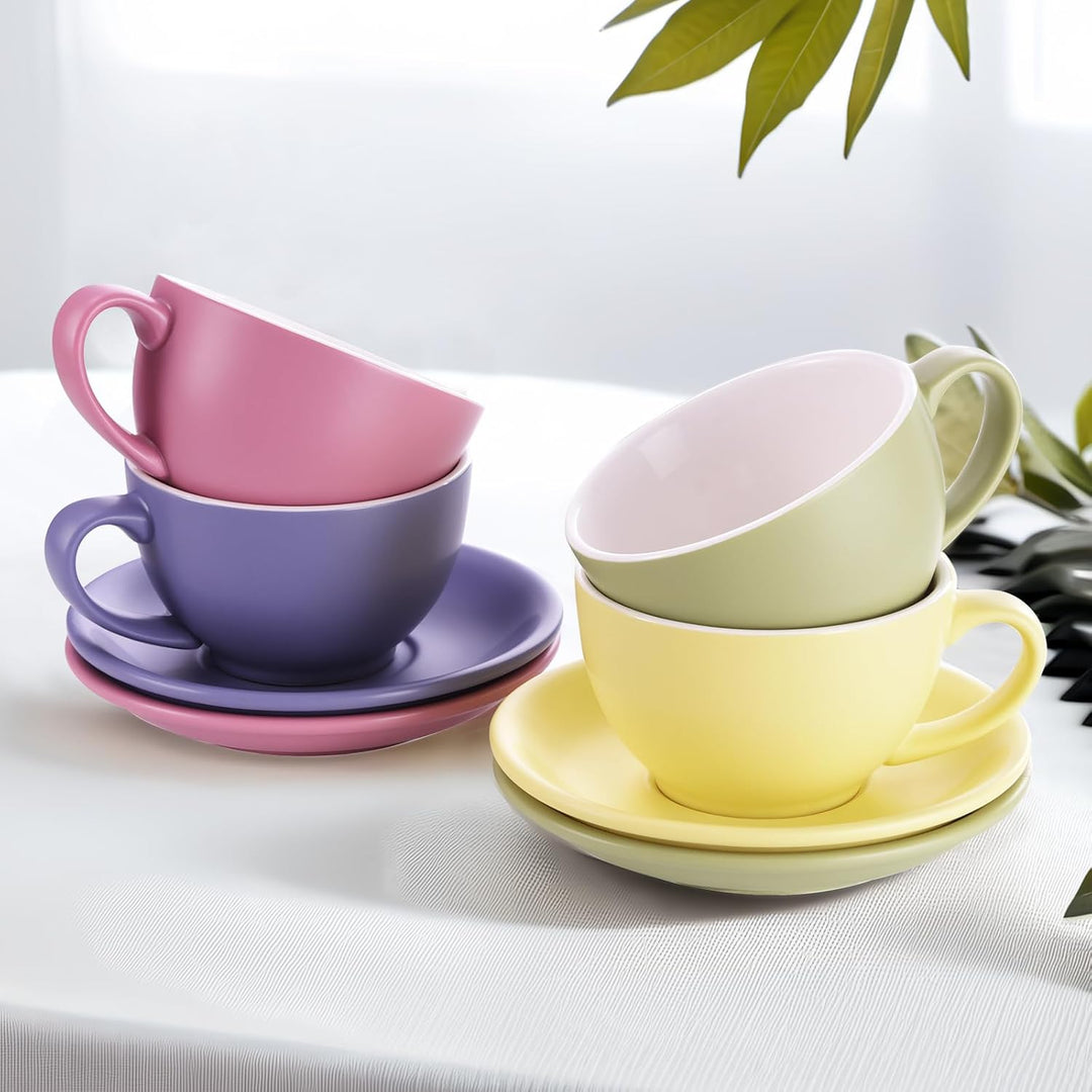Yundu Cappuccinotassen Set 4x 300ml – Keramik-Kaffeetassen mit Untertassen, Mattierte Helltöne-Mix f