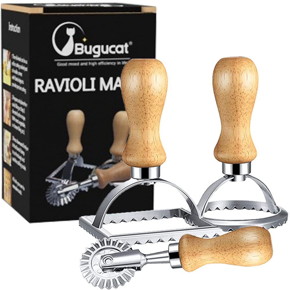 Bugucat Ravioli Ausstecher Former, Ausstechformen, Teigtaschenrad Former mit Holzgriff und Geriffelt