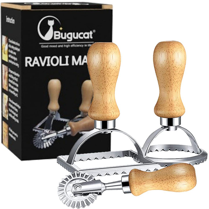 Bugucat Ravioli Ausstecher Former, Ausstechformen, Teigtaschenrad Former mit Holzgriff und Geriffelt