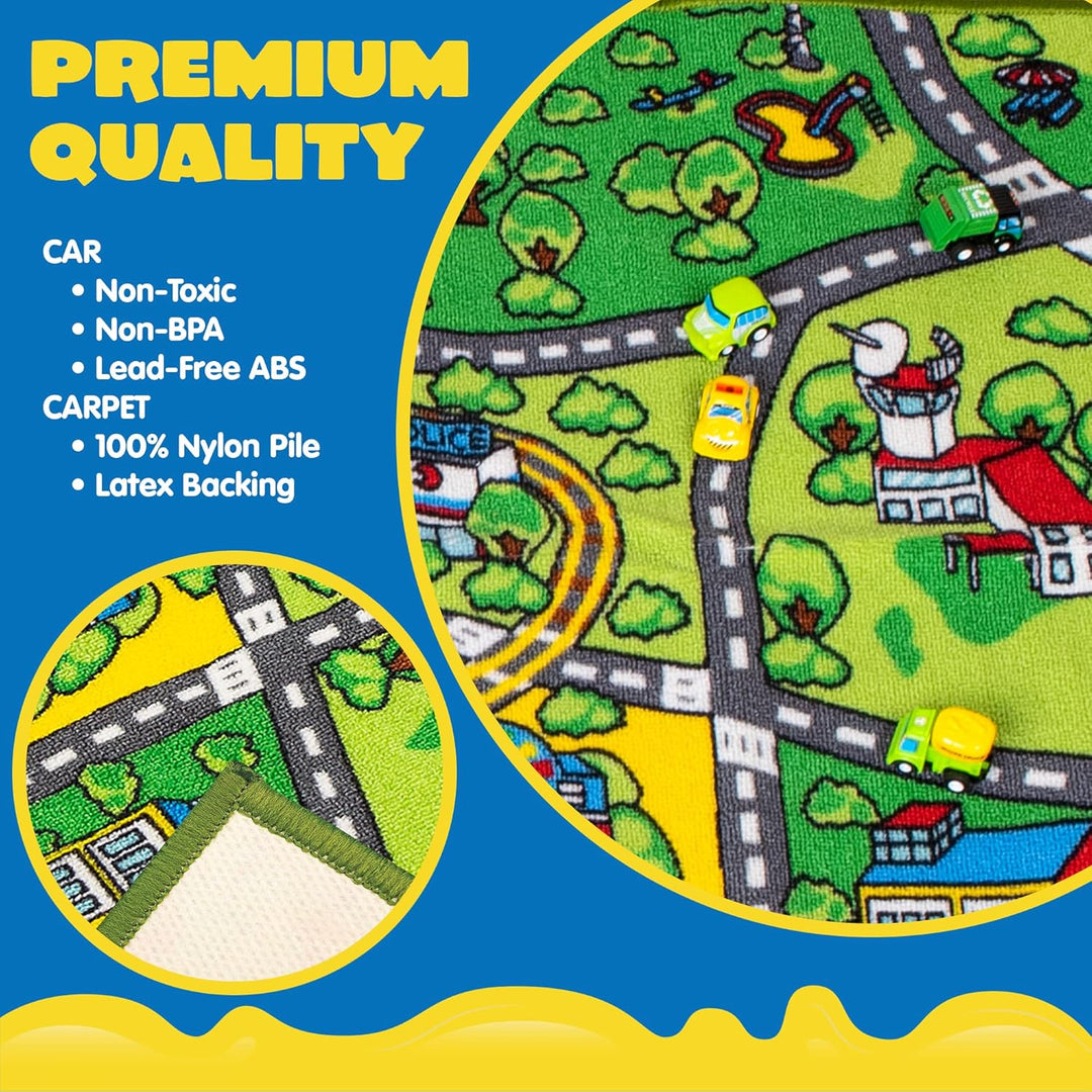 JOYIN Teppich Kinderzimmer 80x150cm mit 12 Mini Auto Spielzeug für Kinder ab 3 Jahren, Spielteppich