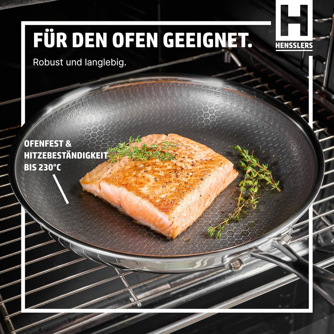 HENSSLERS® Profi Bratpfanne 28 cm [MIT GLASDECKEL] - Antihaftbeschichtung (mit Deckel) Pfanne mit De
