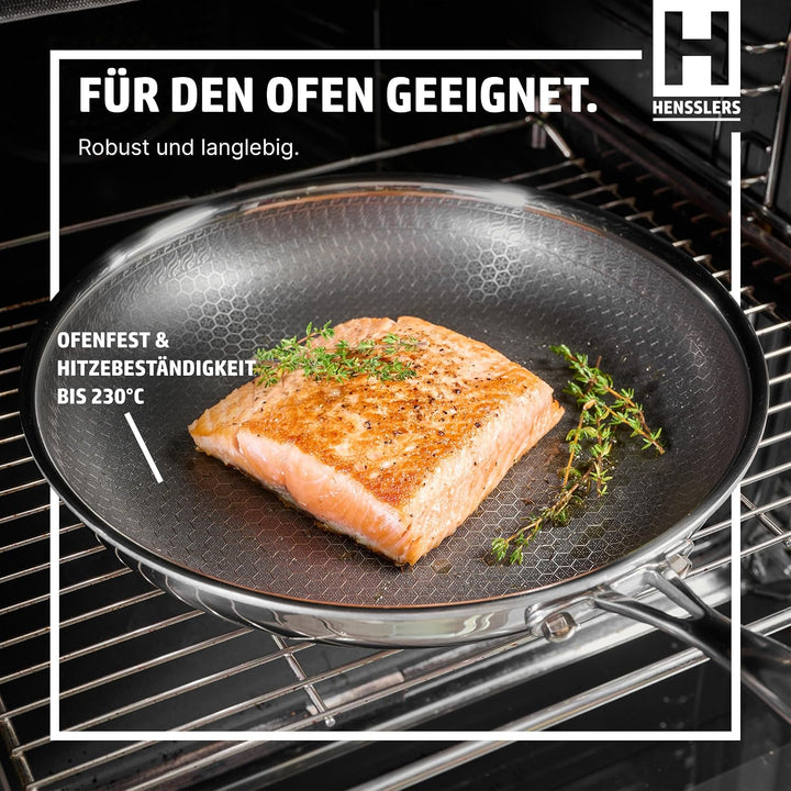 HENSSLERS® Profi Bratpfanne 28 cm [MIT GLASDECKEL] - Antihaftbeschichtung (mit Deckel) Pfanne mit De