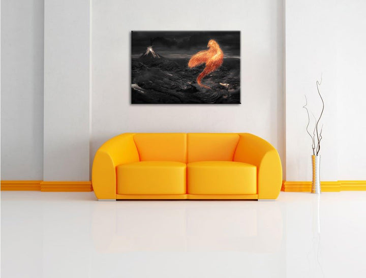 Pixxprint Brennender Phönix Vulkanlandschaft als Leinwandbild/Grösse: 100x70 / Wandbild/Kunstdruck/f