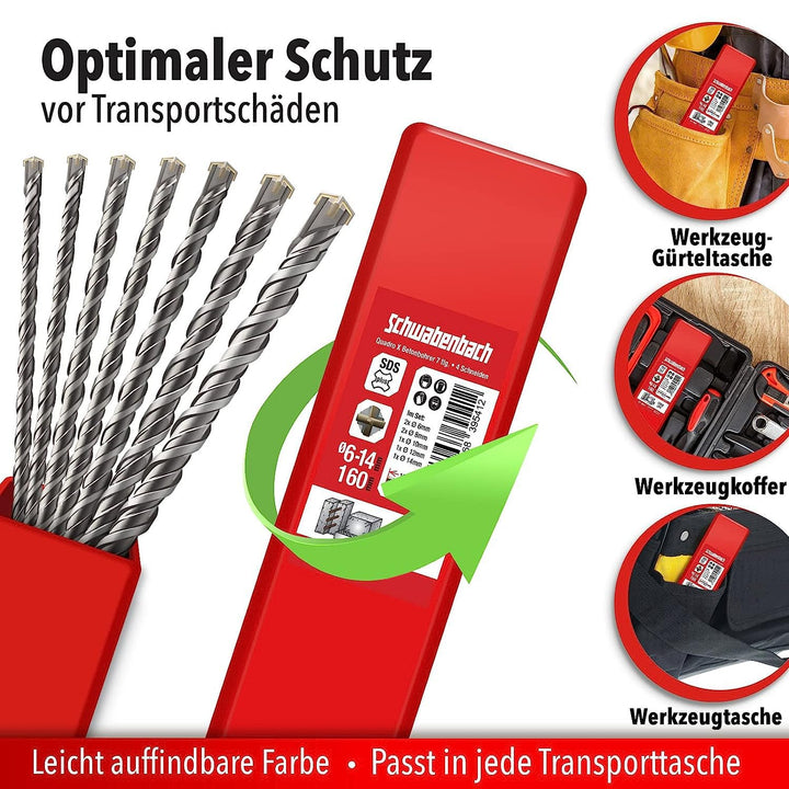 SCHWABENBACH ® SDS PLUS Betonbohrer Set - Super SDS Bohrer Set - 7tlg. 6 8 10 12 14 x 160 mm - Stein