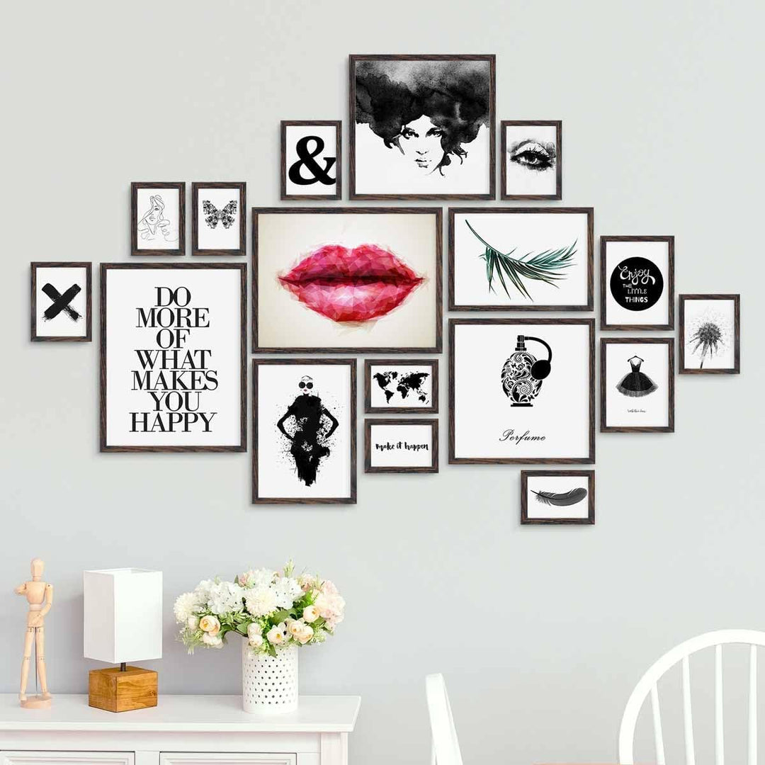 PHOTOLINI Bilderrahmen-Set MDF-Holz Eiche Dunkel, 17er Rahmenset Posterrahmen, bruchsicheres Acrylgl