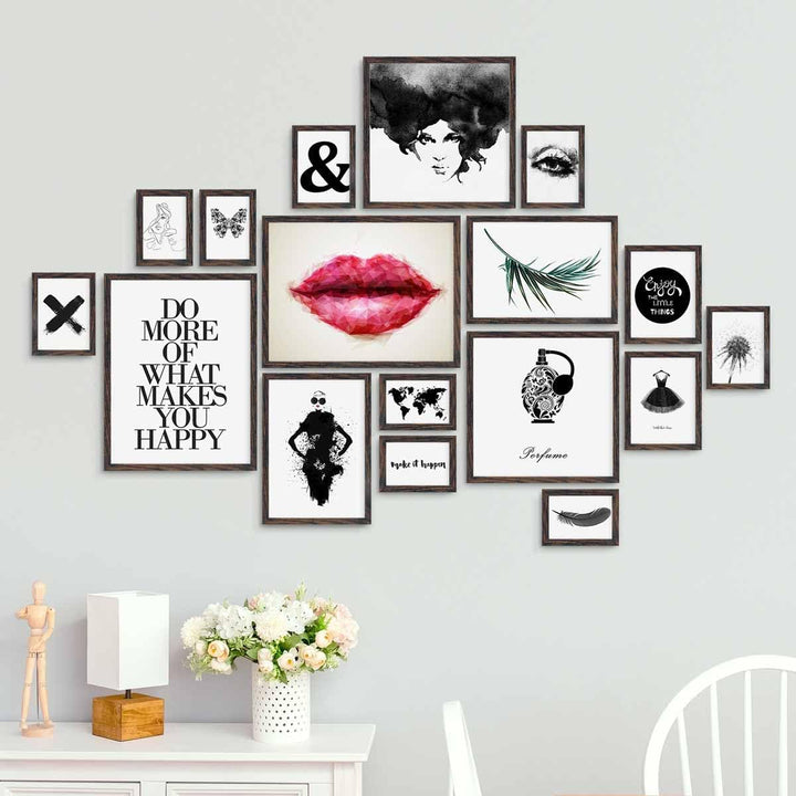 PHOTOLINI Bilderrahmen-Set MDF-Holz Eiche Dunkel, 17er Rahmenset Posterrahmen, bruchsicheres Acrylgl