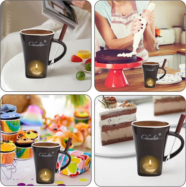 Schokofondue Tasse Keramik 130ML Schoko Fondue Cup mit Teelichthalter und Gabeln Schokoladenfondue S