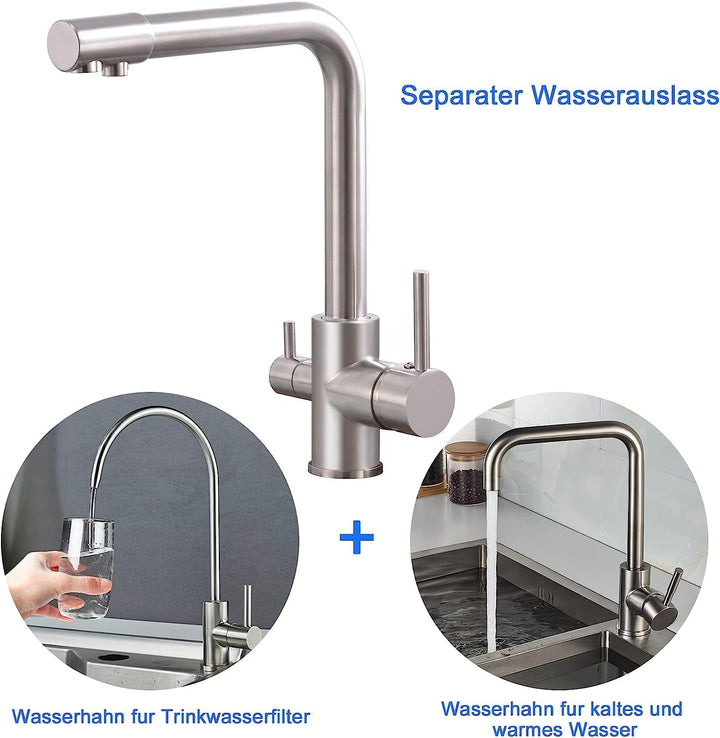 KEOKBON 3 Wege Wasserhahn Küche, Trinkwasserhahn Küchenarmatur, 360° Schwenkbar Wasserhähne, Spültis