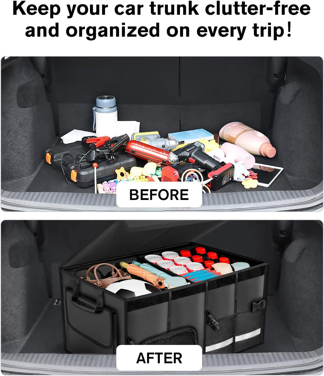 Carehabi Kofferraum Organizer 72L mit Deckel, XXL Faltbare Auto Kofferraumtasche mit Fächern & Tasch