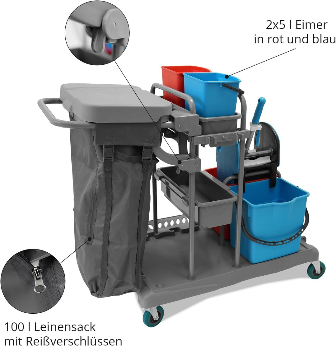 Hypafol Profi Putzwagen mit 100l Leinensack I Praktisches Reinigungsset mit 2x18l & 2x5l Eimern I St