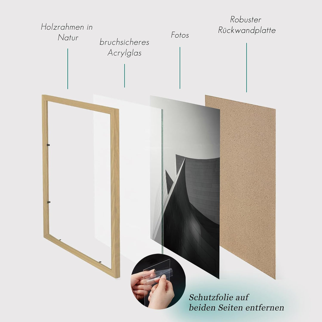 VUVUZULA Bilderrahmen A2 Holz Fotorahmen Holzrahmen MDF Rahmen DIN A2 Eiche Natur 3er Set Beige A2,
