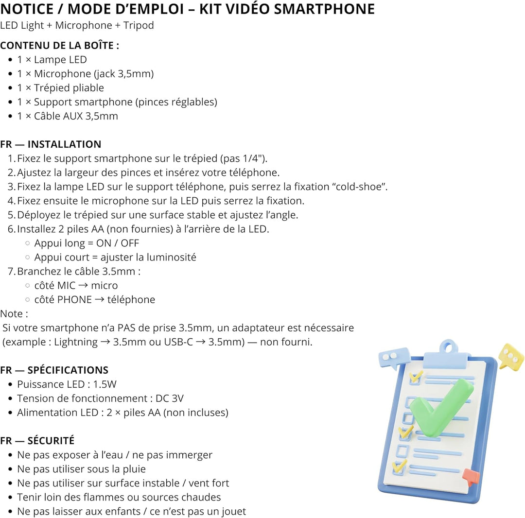 PARENCE.- Komplettes Vlogging-Set für Smartphone – verstellbares Stativ, Richtmikrofon, LED-Beleucht