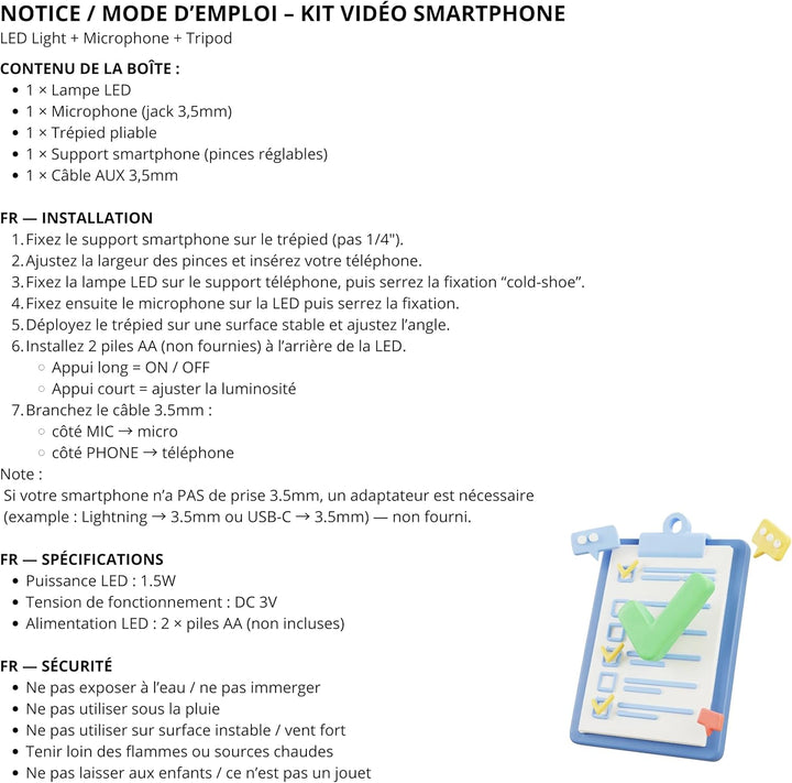 PARENCE.- Komplettes Vlogging-Set für Smartphone – verstellbares Stativ, Richtmikrofon, LED-Beleucht