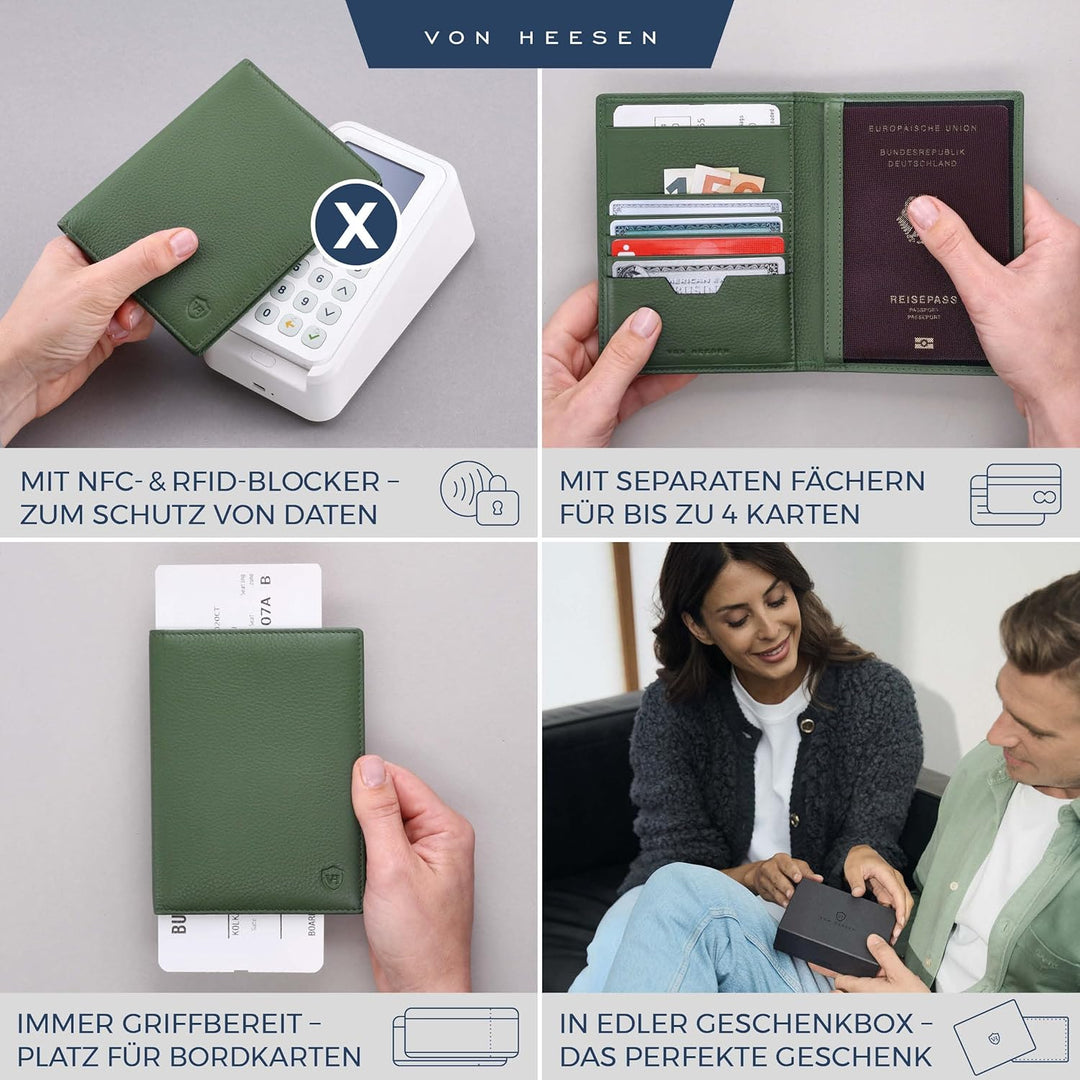 VON HEESEN® Reisepasshülle Leder Etui mit RFID-Schutz - Passhülle Passport Reisepass Mappe Hülle Org