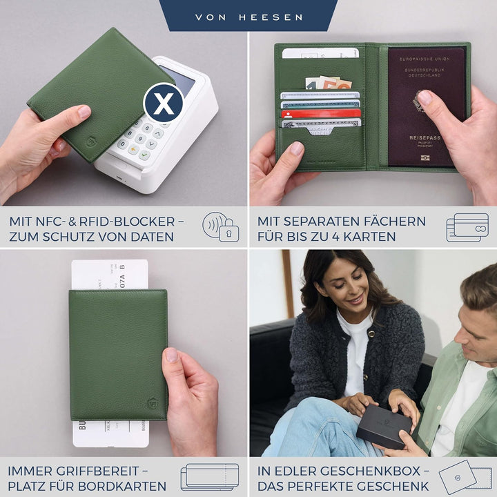 VON HEESEN® Reisepasshülle Leder Etui mit RFID-Schutz - Passhülle Passport Reisepass Mappe Hülle Org