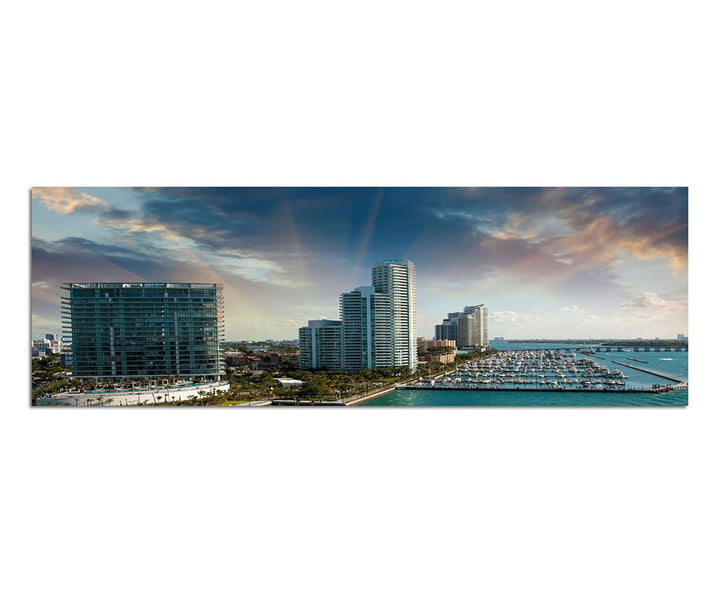 Paul Sinus Art Panoramabild auf Leinwand und Keilrahmen 150x50cm Miami Hochhäuser Hafen Meer Boote W
