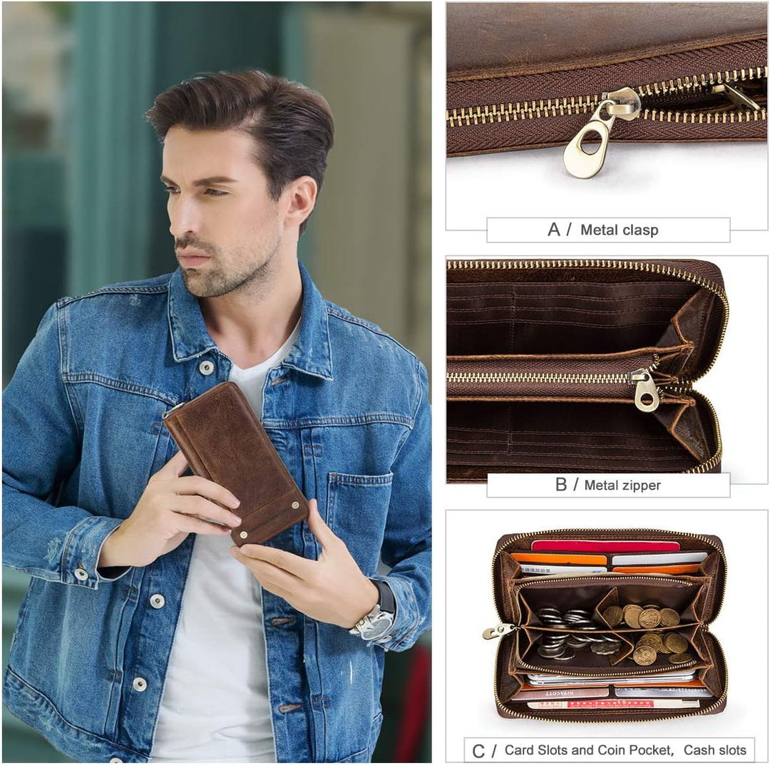 Contacts RFID Blocking Echtleder Herren Reissverschluss um Brieftasche Karte Telefonhalter Münzkuppl