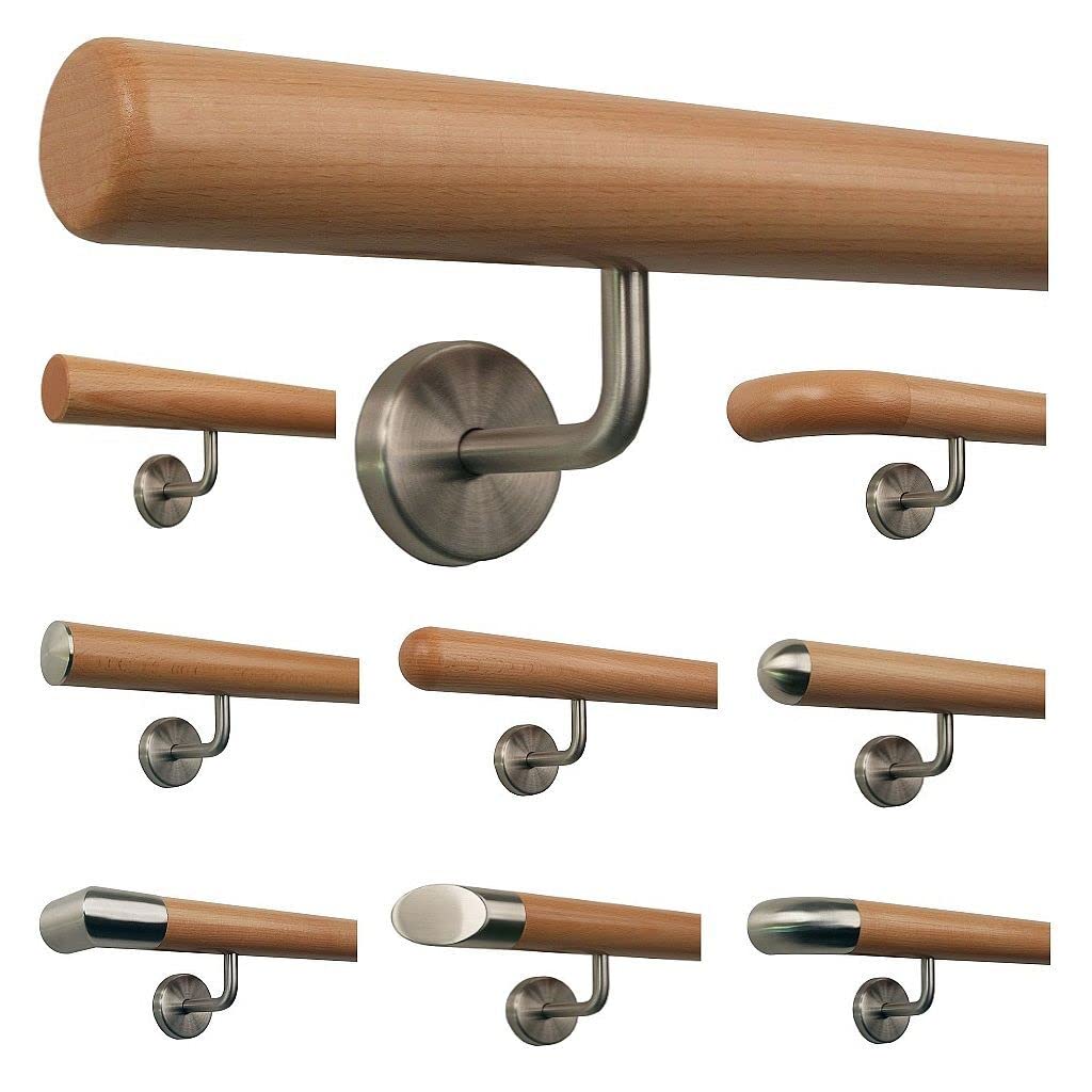 TIBU Buche Geländer Handlauf Treppe Holz Griff gew. Edelstahlhalter, Länge 30 - 500 cm aus einem Stü