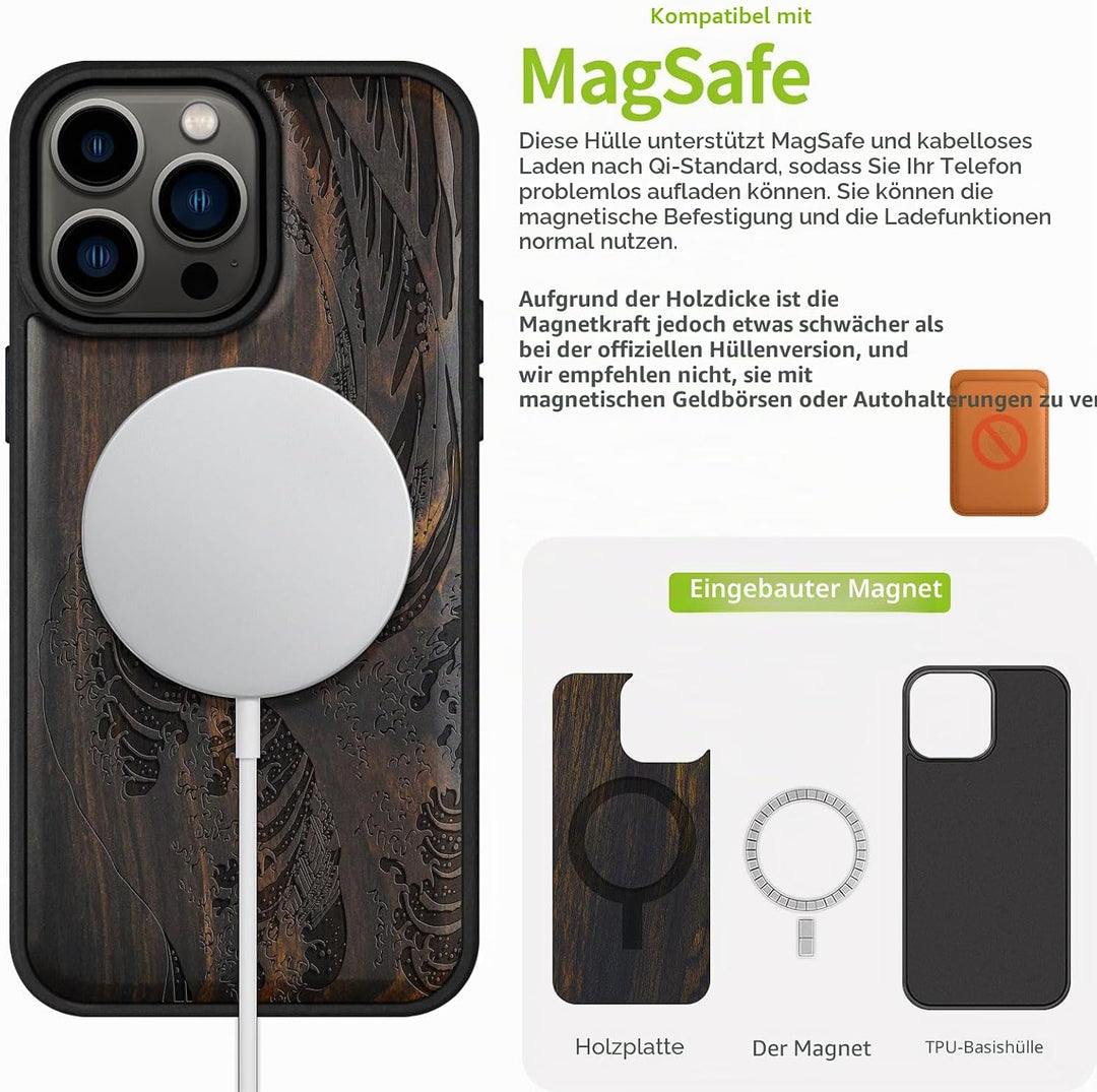 Carveit Handyhülle für iPhone 15 Pro Max Cover Kompatibel mit Magsafe [Holz und TPU Silikon Hybrid h