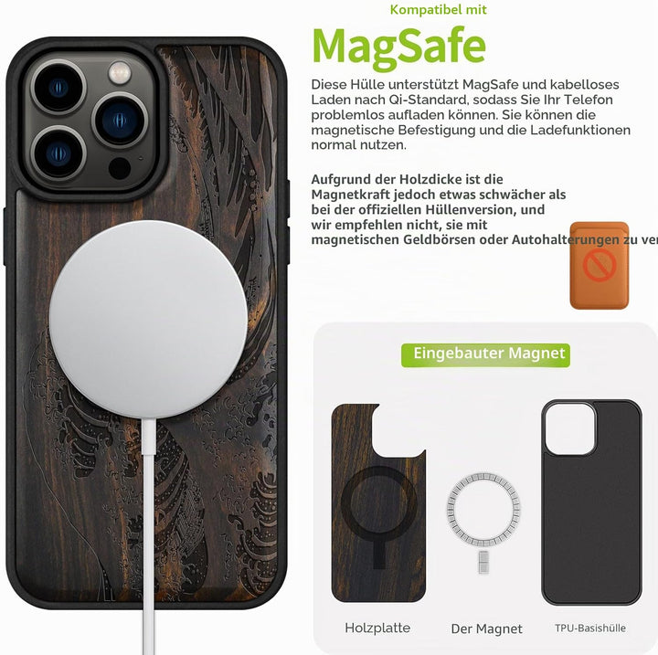 Carveit Handyhülle für iPhone 15 Pro Max Cover Kompatibel mit Magsafe [Holz und TPU Silikon Hybrid h