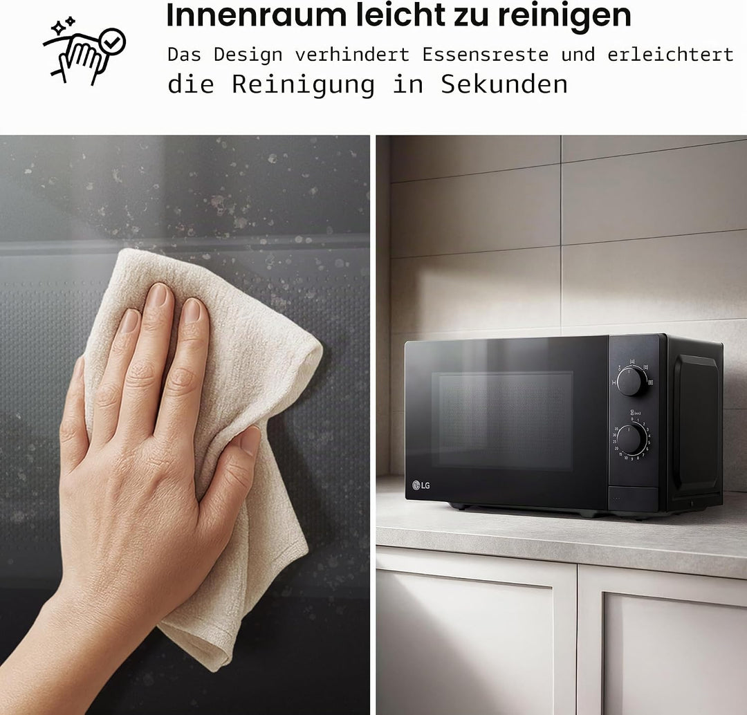 LG MS2082F Mikrowelle, 20 Liter, 700 W, Schwarz, 44,5 x 25,8 x 34,5 cm, mechanische Steuerung, 5 Lei