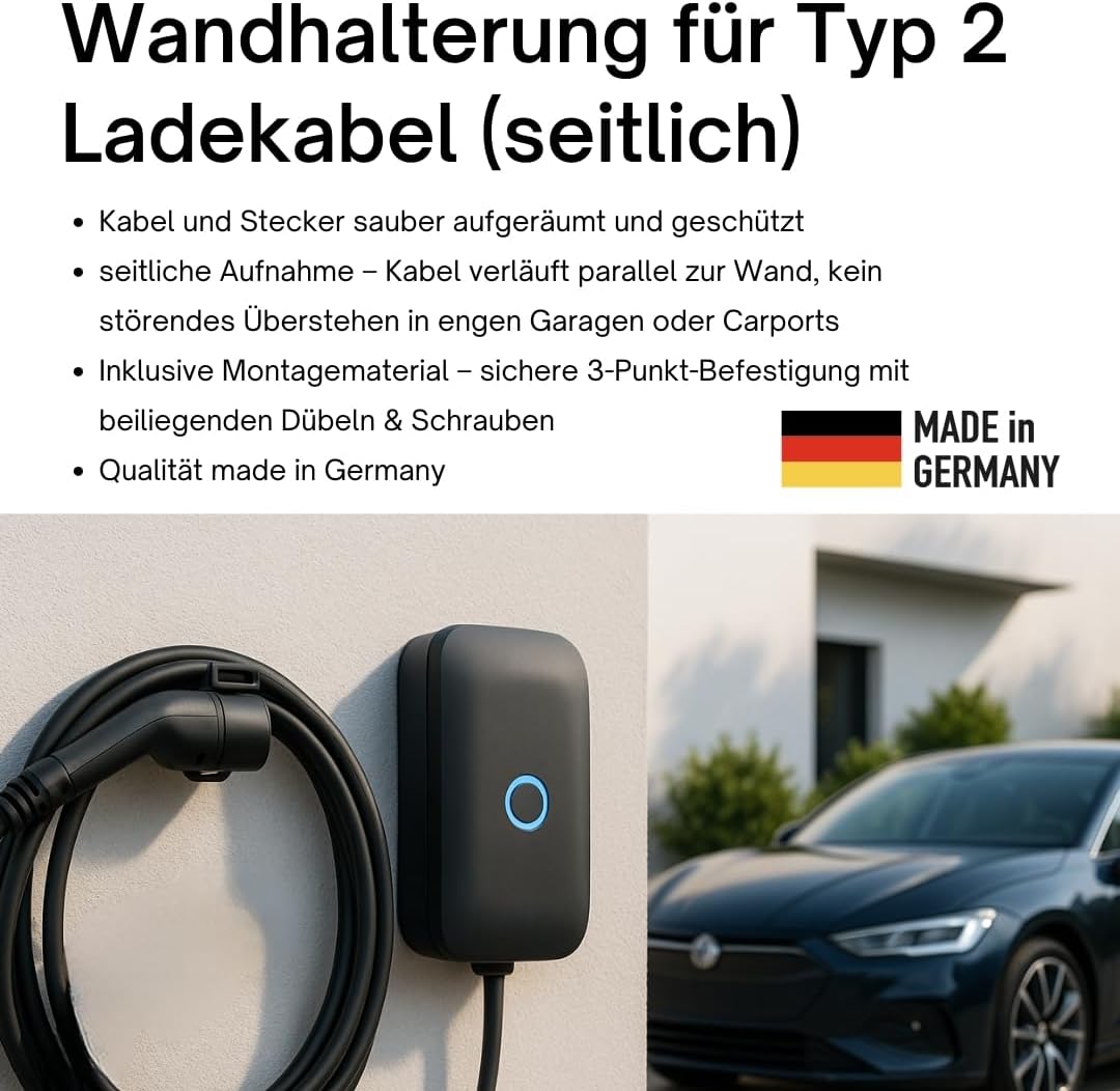 Wandhalterung Typ 2 Ladekabel seitlich | EV Steckerhalter mit Kabelhalter | Made in Germany | wetter