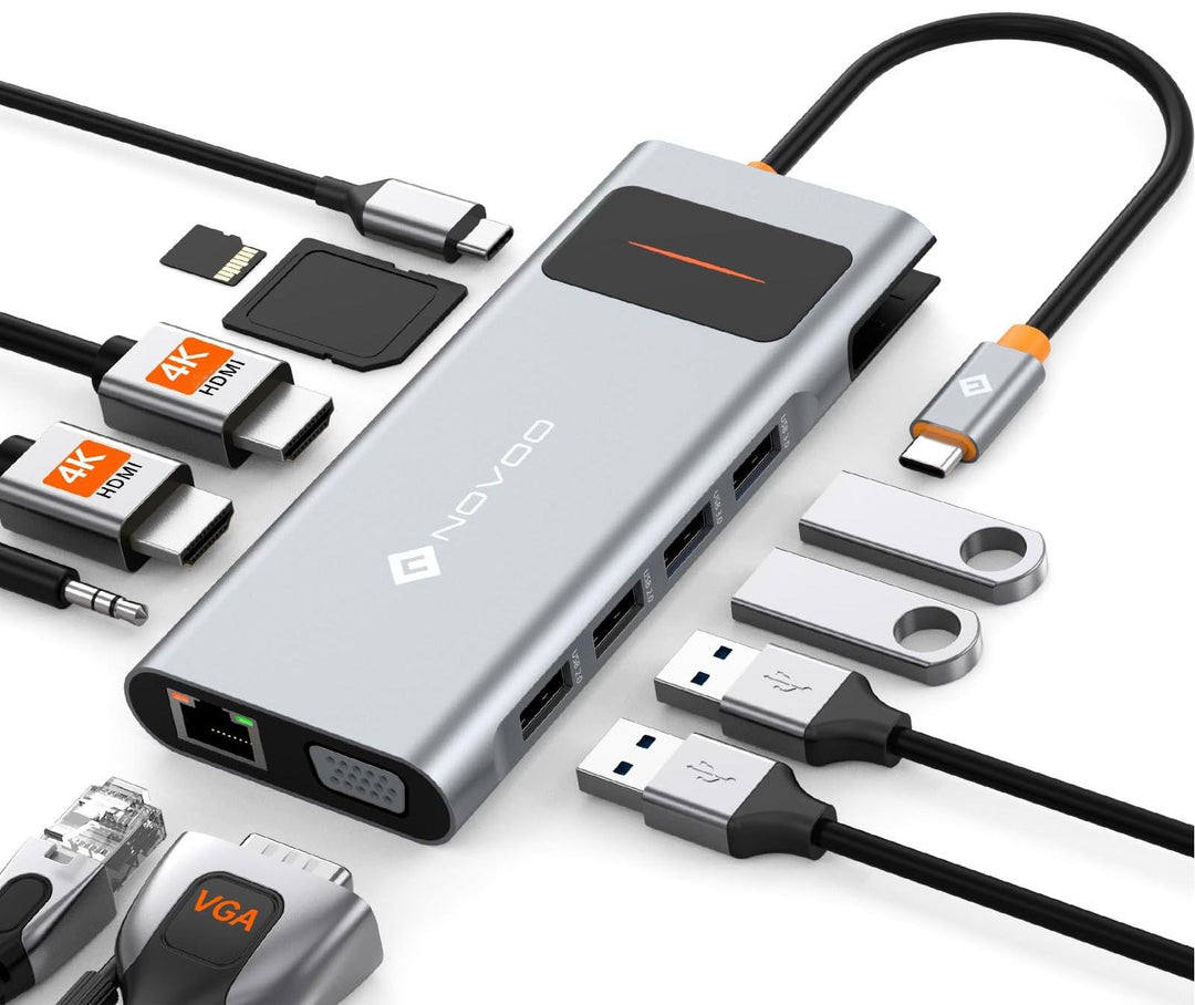 NOVOO USB C Docking Station Triple Display 12 in 1 USB C Hub Multiport Adapter mit 2 HDMI VGA Ethern