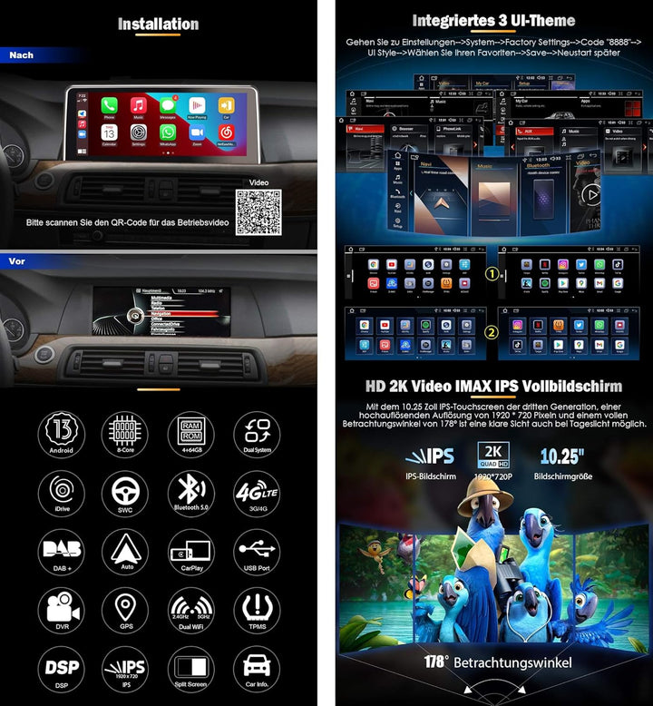 Erisin Android 14 Qualcomm 8-Kern 4+64GB 10,25 Zoll Autoradio GPS Navi Für BMW 5er F10 F14 Unterstüt
