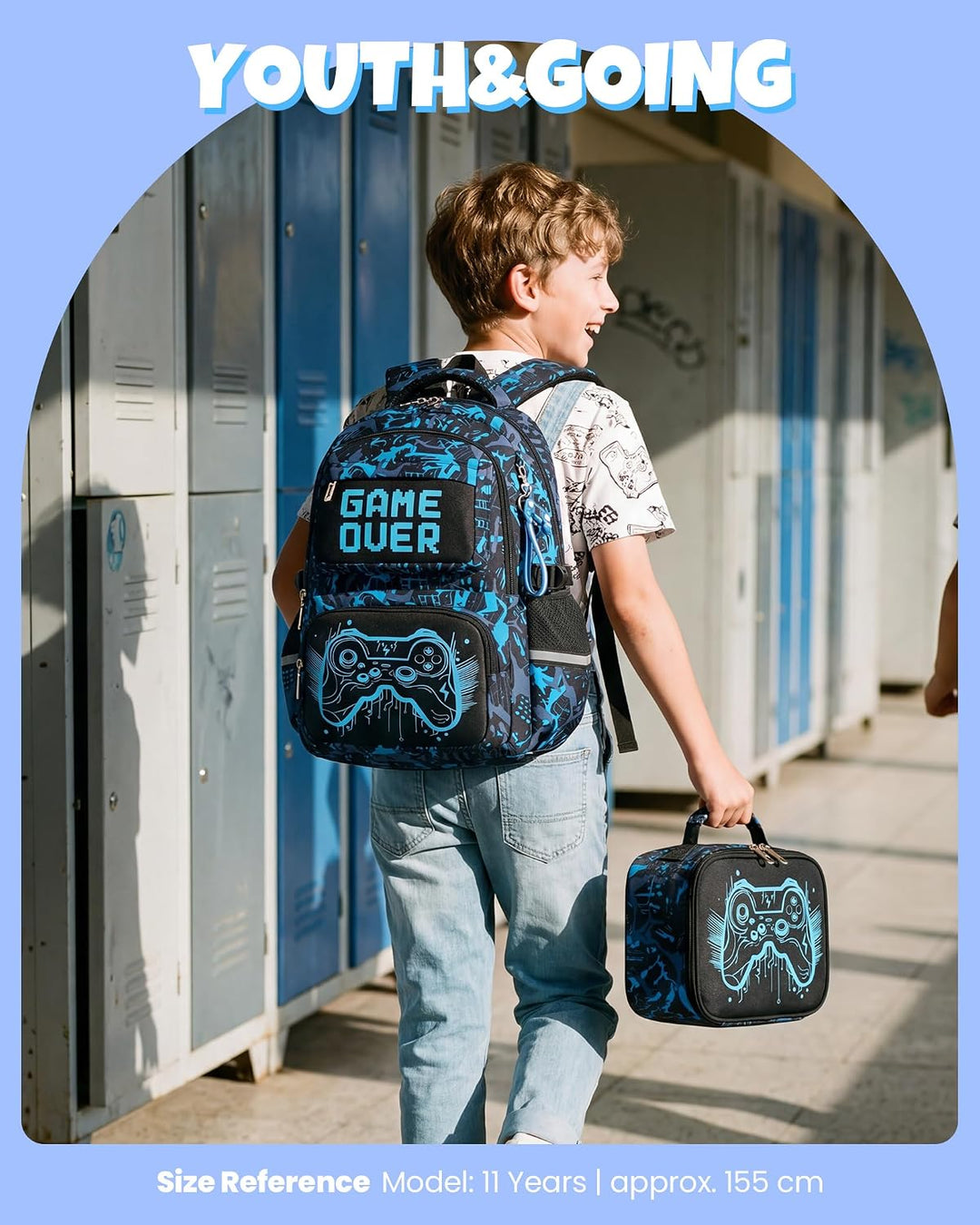 Schulrucksack Jungen Teenager 3 Teilig, Schultasche Kinder für 3. bis 7. Klasse mit Lunch Tasche Fed