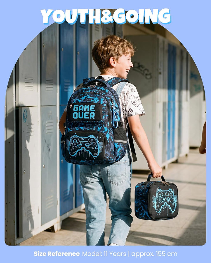 Schulrucksack Jungen Teenager 3 Teilig, Schultasche Kinder für 3. bis 7. Klasse mit Lunch Tasche Fed