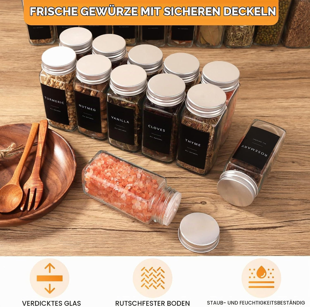 FoiiLiio Gewürzgläser Eckig Set mit SilbrigDeckel, 24er 120ml Gewürzbehälter Glas mit Streueinsatz,