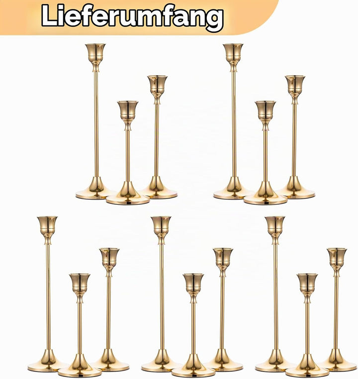 NUPTIO Satz von 5（15 Stück Messing Gold Metall Taper Kerzenhalter, Vintage Kerzen Ständer Herzstück