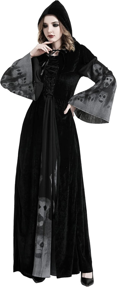 Buen Don Damen Hexen Kostüm, Halloween Cosplay Zombie Kostüm Hexe Mit Kapuze Robe (XXL), XXL