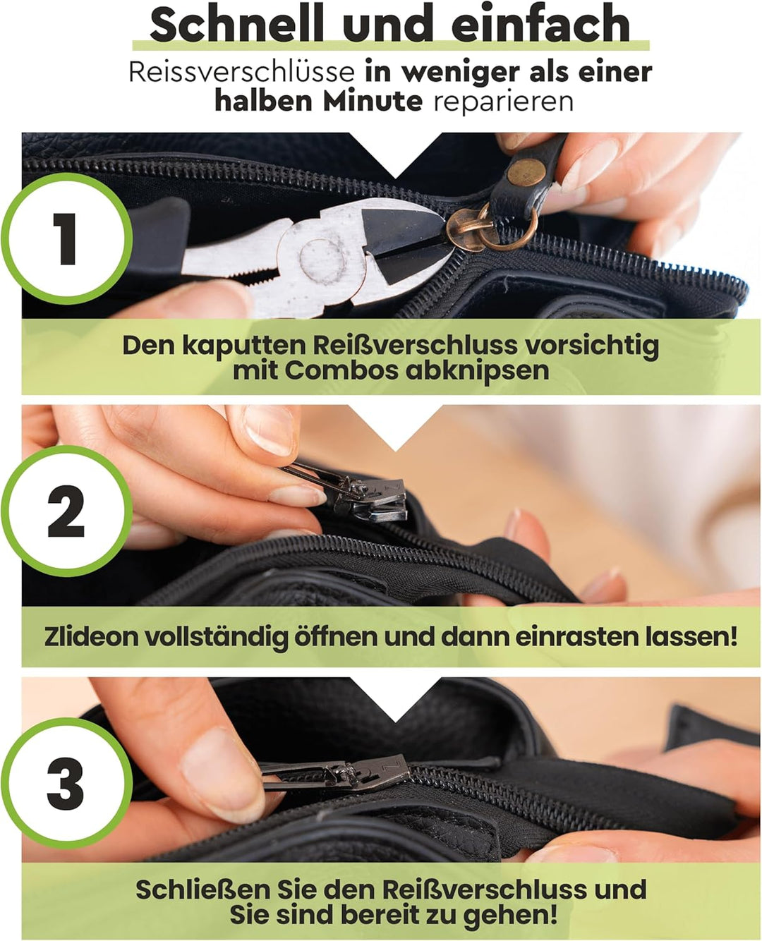 ZlideOn Reissverschluss Ersatz - 3 Stk., Schwarz, Gross - Instant Zipper Reissverschluss Schieber Mu