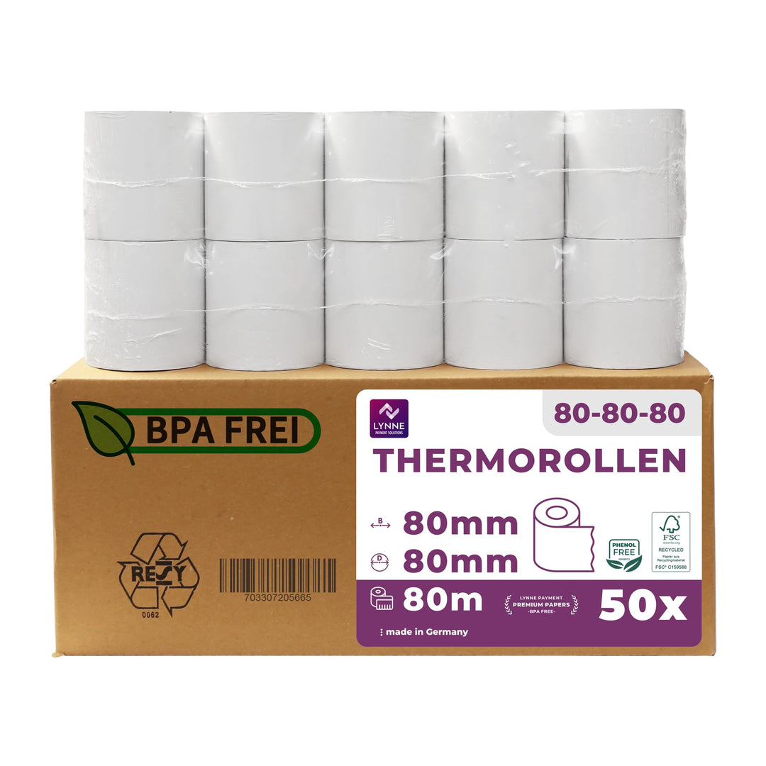 Thermorollen 80mm x 80m x 12mm | Kassenrollen | Bonrollen für Registrierkasse mit Bondrucker | Therm