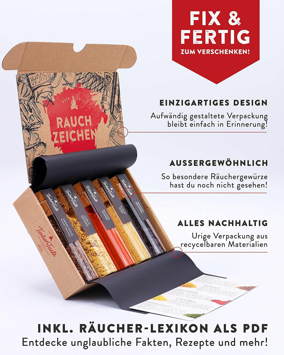 Raucharoma Gewürze Geschenkset | 5 edle Gewürze mit Rauchgeschmack & REZEPTEN | Gewürz Geschenk für