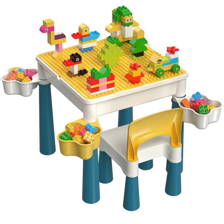 burgkidz Kindertisch mit Stühle, Kinder Spieltisch mit 1 Stuhl und 130 Stück Grossen Bausteinen, Kre