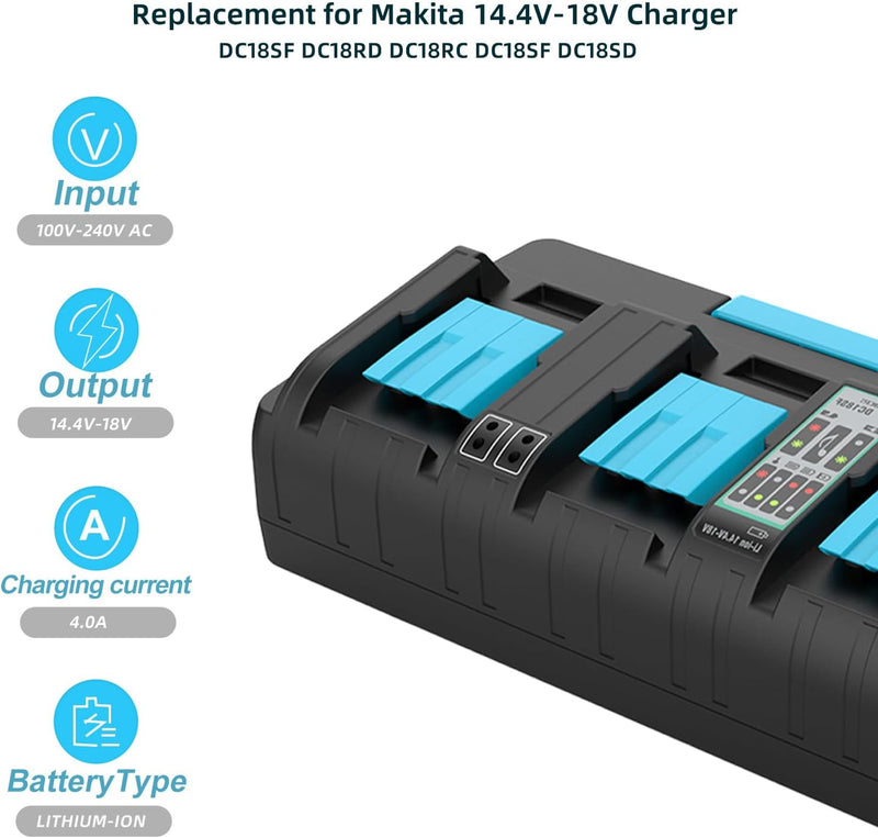 Energup 18V 4 Port Ladegerät für Makita Ladegerät DC18SF Kompatibel mit Makita 14.4V-18V Akkus BL185