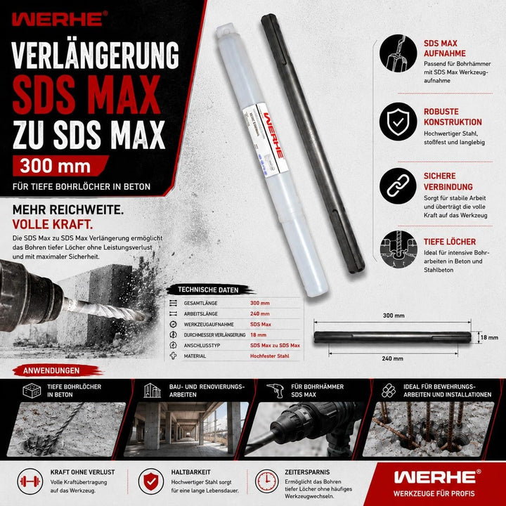 WERHE ® Bohrverlängerung 300 mm SDS Max auf SDS Max Schaft zu Adapter Aufnahme Verlängerung 300mm, V
