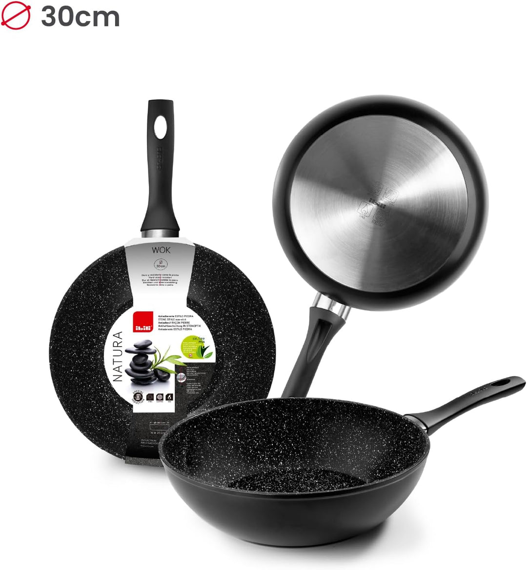 IBILI - Wok Natura, 30 cm, Aluminium, Anti-Haft-Beschichtung im Stein-Stil, geeignet für Induktion