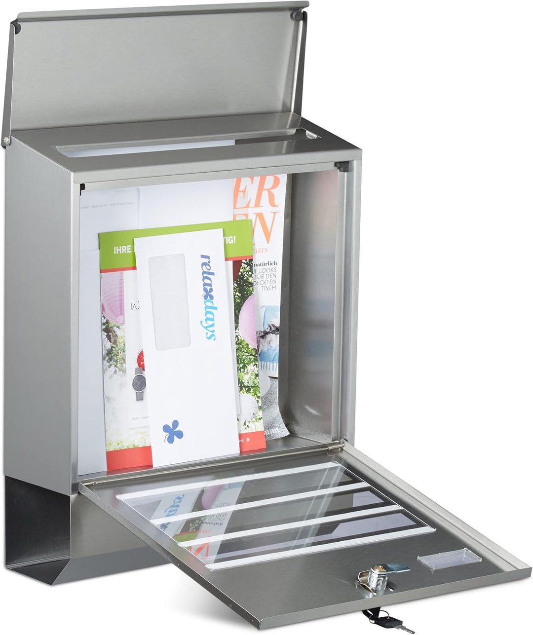 Relaxdays Briefkasten Edelstahl mit Zeitungsfach, Namensschild, HxBxT: 42 x 35 x 12,5 cm, Postkasten