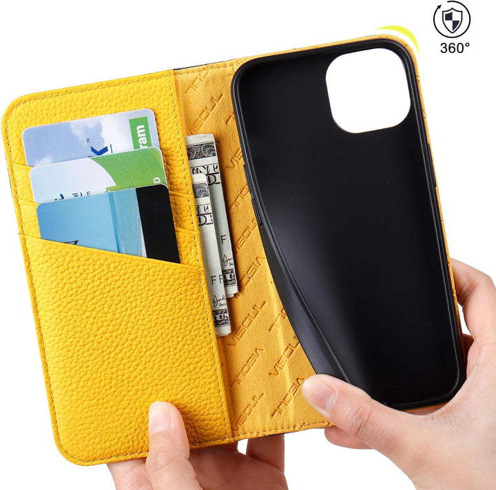 VISOUL Hülle für iPhone 13 Mini, Schutzhülle [Echt Leder] [Schützt vor Stoss] [Kartenfach] [Magnetve