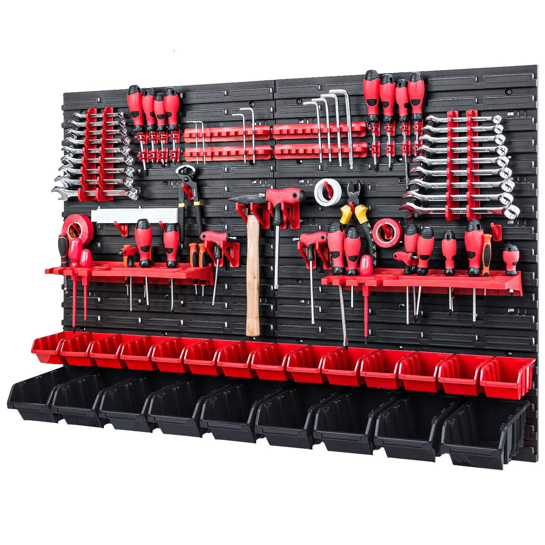 PAFEN Werkzeugwand Stapelboxen - 1152 x 780 mm - Lagersystem SET Werkzeughaltern und 23 Rot/Schwarz