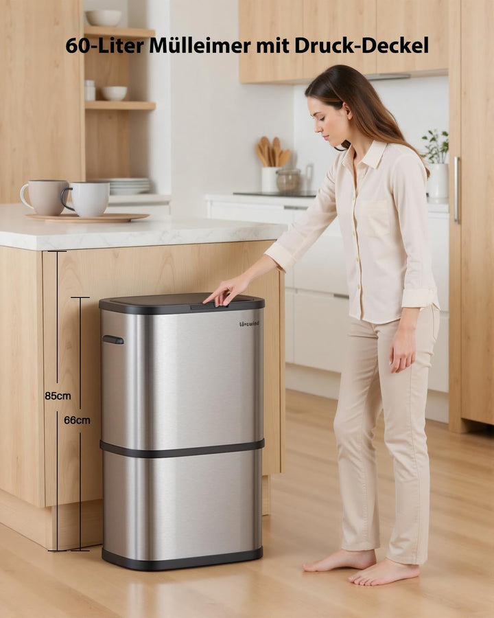 lovewind Mülleimer Küche 60L Edelstahl, Abfalleimer küche mit Deckel, Soft-Close Verschluss, Werkzeu
