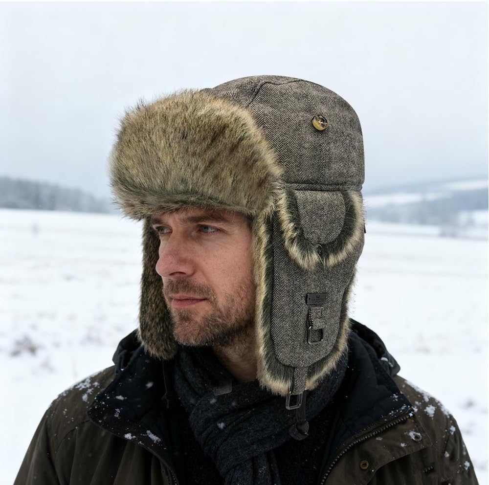 Unisex Fliegermütze Rib Wolle Bomber Aviator Pilot Hat Faux Fellmütze Winter Russische Mütze Herren